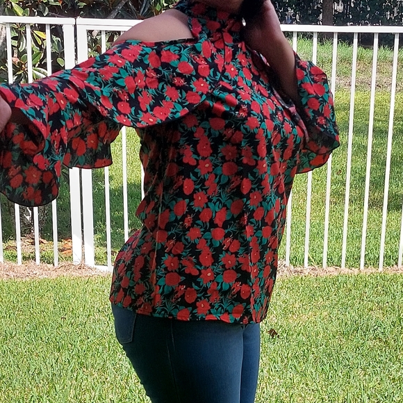 Floral Print Ruffle Cold Shoulder Blouse Green Size L - Picture 3 of 14